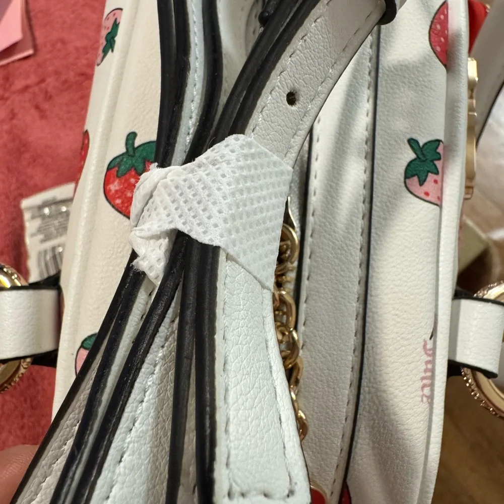 Juicy Couture White Strawberry Print Satchel with Red Strawberry Charm